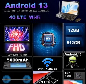 12/512 Gb, планшет, +чохол +клавіатура, новий, 10.1, sim, Android 13.