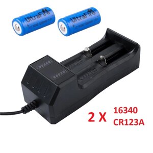 Набір: 2 ПК - акумулятор CR123A, CR123, 16340 Ultrafire 1200 + зарядний пристрій з USB - JR2020-2