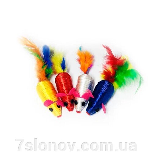 Іграшка для кішок Миша нейлонова кольорова з пером 6 см FOX NT662 від компанії Інтернет Ветаптека 7 слонів - фото 1