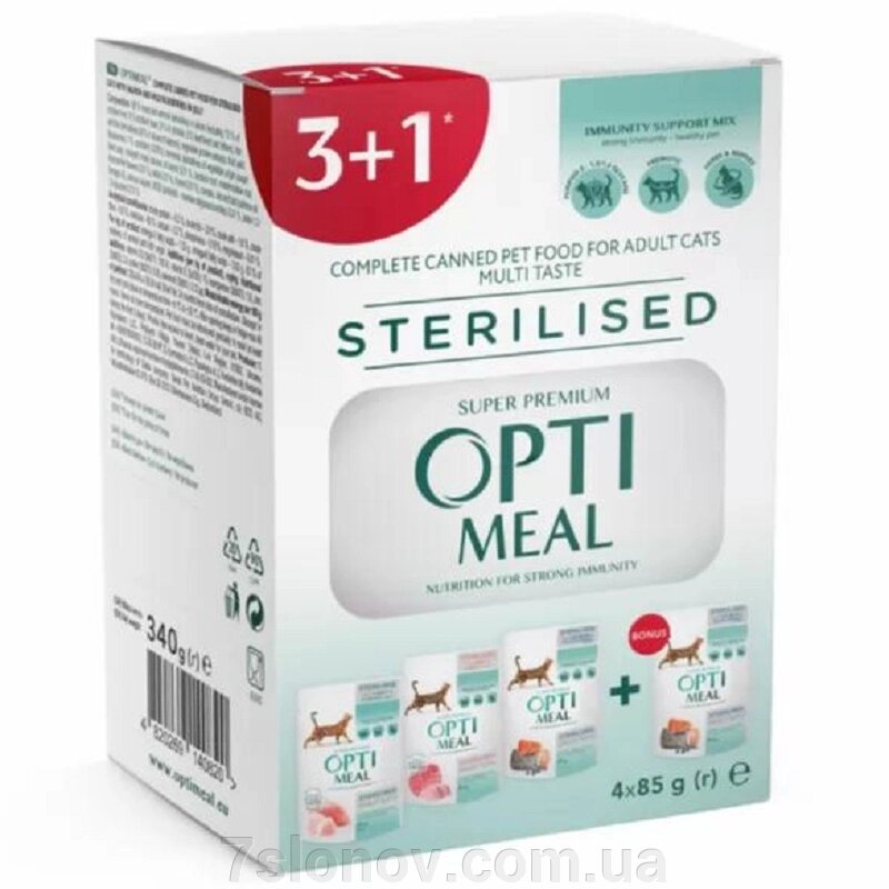 Корм для стерилізованих котів 3+1 Adult Cats Multi Taste Sterilised із трьома різними смаками 340 г Optimeal від компанії Інтернет Ветаптека 7 слонів - фото 1