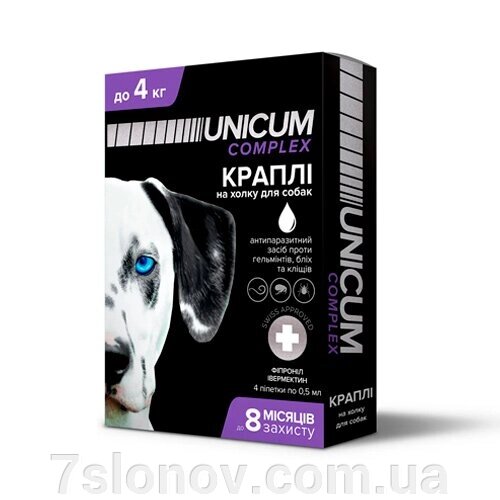 Краплі на холку Unicum Сomplex від бліх кліщів та гельмінтів для собак 0-4 кг №4 Unicum від компанії Інтернет Ветаптека 7 слонів - фото 1