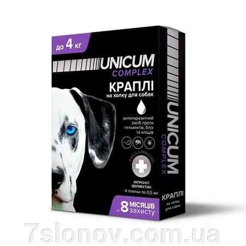 Краплі від бліх кліщів та гельмінтів на загривку Unicum complex для собак 0-4 кг №4 від компанії Інтернет Ветаптека 7 слонів - фото 1
