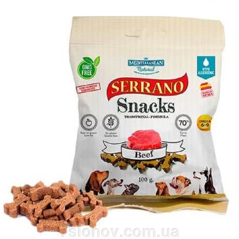 Ласощі для собак Serrano Snacks Dog Adult Beef з яловичиною 100 г Mediterranean Natural від компанії Інтернет Ветаптека 7 слонів - фото 1