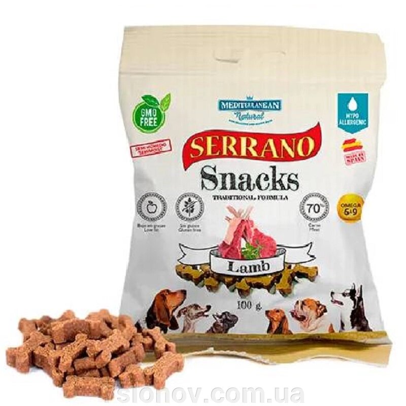 Ласощі для собак Serrano Snacks Dog Adult Lamb з м'ясом ягняти 100 г Mediterranean Natural від компанії Інтернет Ветаптека 7 слонів - фото 1