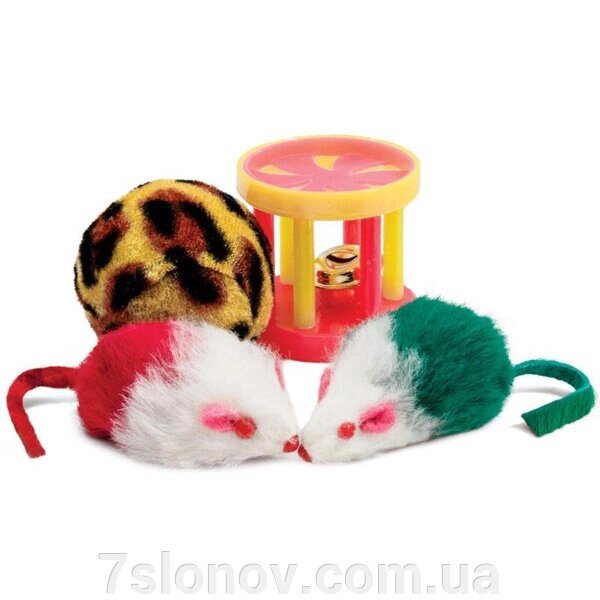 Набір іграшок для кішки 2 миші, хутряна куля, барабан 144XW0046 від компанії Інтернет Ветаптека 7 слонів - фото 1