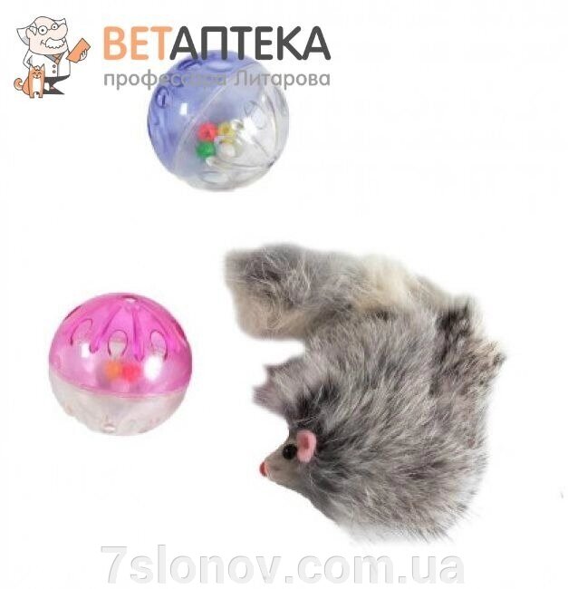 Набір іграшок для кішки 2 пластикові кулі, хутряна миша XW0329 від компанії Інтернет Ветаптека 7 слонів - фото 1