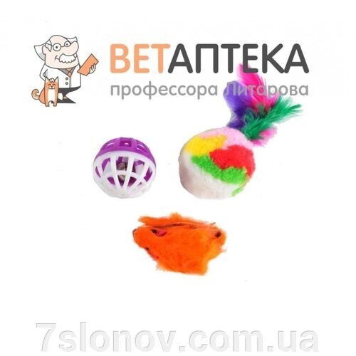 Набір іграшок для кішки миша, хутряна куля з пером, брязкальце XW0313 від компанії Інтернет Ветаптека 7 слонів - фото 1