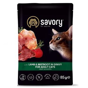 Корм для котів Adult Cat Pouch with Lamb & Beetroot in Gravy м'ясо ягняти з буряком у соусі 85 г Savory