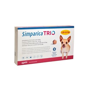 Жувальні таблетки Симпарика Тріо 1,25-2,5 кг від бліх, кліщів та глистів для собак Zoetis