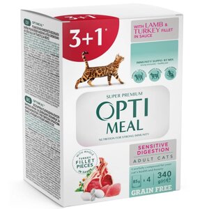 Корм для котів 3+1 Adult Cats Sensitive Digestion Lamb and Turkey з ягням та філе індички в соусі 340 г Optimeal