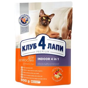 Сухий корм для дорослих котів Adult Cats Indoor 4 in 1, що живуть у приміщенні 900 г Клуб 4 лапи