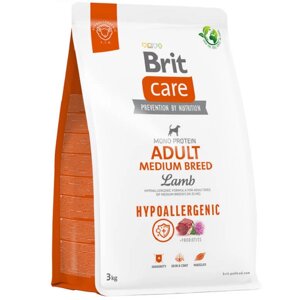 Сухий корм для собак від 10 до 25 кг Dog Hypoallergenic Adult Medium Breed із ягням 3 кг Brit Care