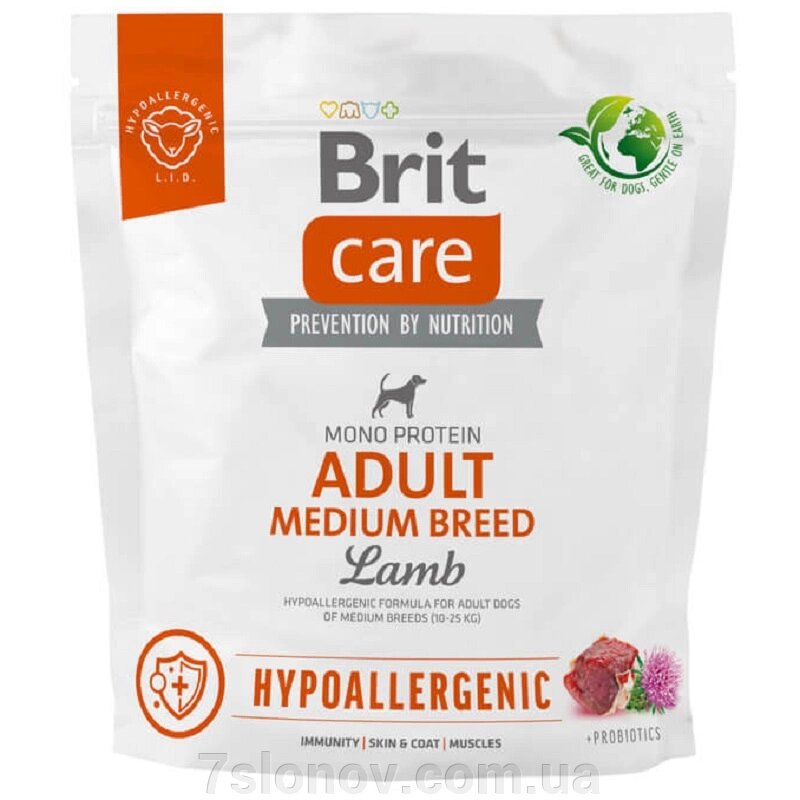 Сухий корм для собак від 10 до 25 кг Dog Hypoallergenic Adult Medium Breed із ягням 1 кг Brit Care від компанії Інтернет Ветаптека 7 слонів - фото 1