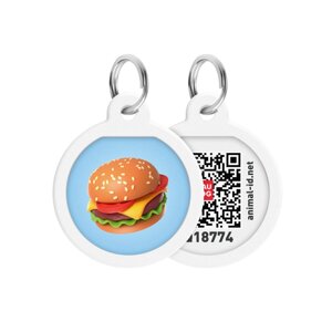 Адресник для собак і котів металевий Waudog smart id з qr паспортом, малюнок "Гамбургер", коло, д 30мм