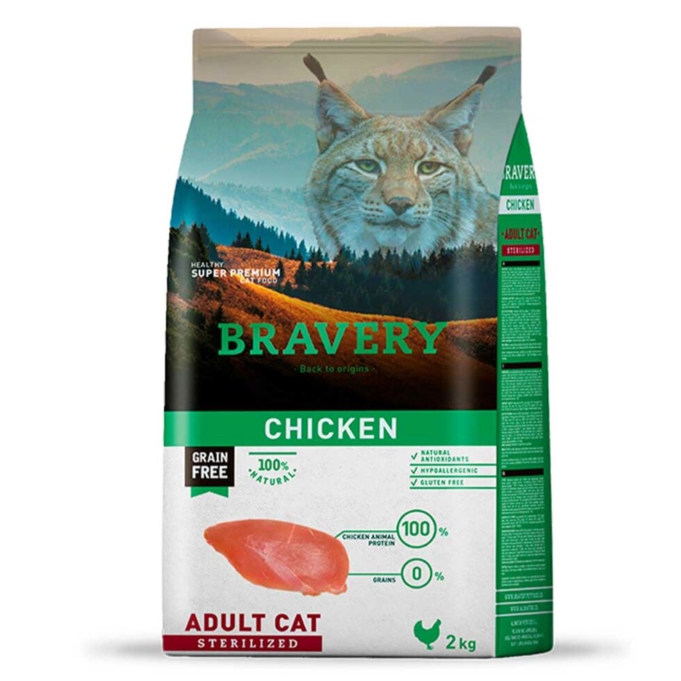 BRAVERY Chicken Adult Cat Sterilized, корм  для дор. котів стерилізованих , з куркою 2kg від компанії ПП Блищик - фото 1