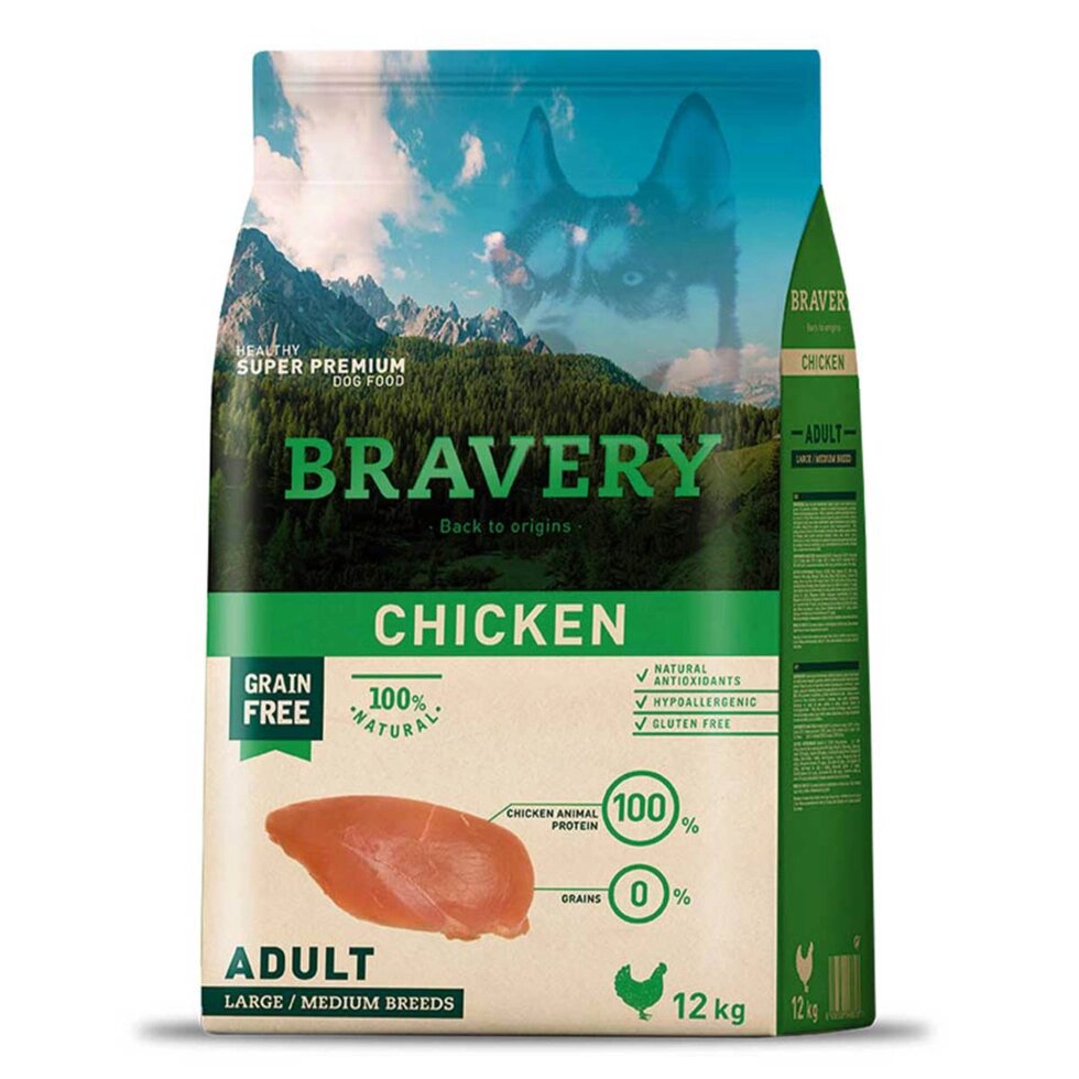 BRAVERY Chicken Adult Large/Medium, сухий  корм для дор. собак середніх та великих порід, з куркою 12kg від компанії ПП Блищик - фото 1