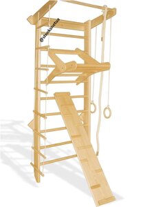 Шведська стінка з дитячим турніком рукоходом та дошкою ребристою 225 см (лак)