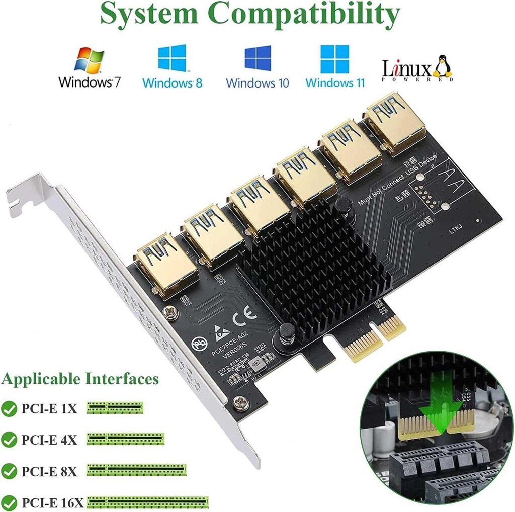 BEYIMEI PCIe 1x to 6 USB Riser Card, USB 3.0 Port Multiplier Card від компанії Artiv - Інтернет-магазин - фото 1