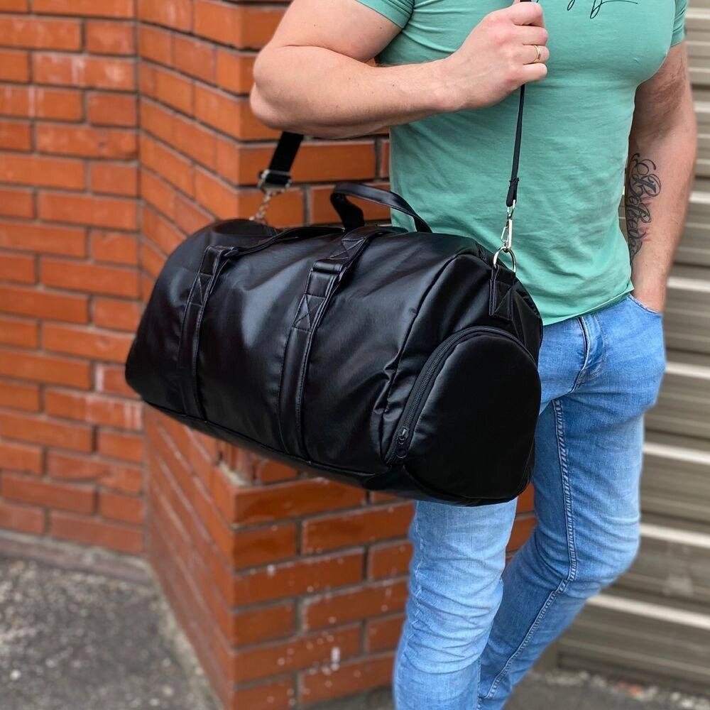Чоловіча шкіряна сумка дорожня спортивна з відтискачем для взуття чорна від компанії Artiv - Інтернет-магазин - фото 1