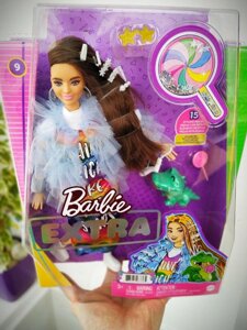 Лялька Барбі екстра 9 в райдужній сукні з динозавром Barbie extra 9