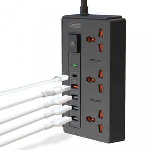 Мережевий фільтр подовжувач XO WL06 на 3 розетки 5 USB 30 W 18 W PD+QC