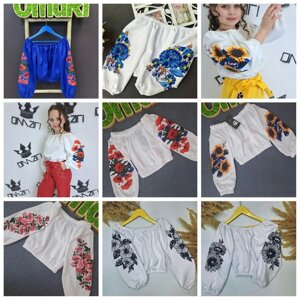 БЛУЗА У СТИЛІ ВИШИВАНКА, соняшники, маки, рози, гібіскус розмір 110-16