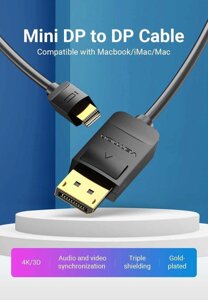 Якісний кабель Mini DisplayPort Display Port 1.5 м DP v1.2 Vention