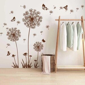 Наклейка на стіну 159*135 вінілова коричнева Кульбаби та метелики