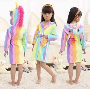 Дитячий махровий халат Кігурумі єдиноріг райдужний для дівчинки кингурами