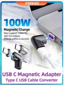 100W/5A Кабельний перехідник USB-C. Кутовий Магнітний адаптер Type-C