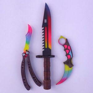 Набор деревянных ножей из CS: GO КС: ГО 3шт. Бабочка Керамбит Штык Нож.