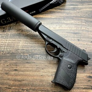Дитячий металевий пістолет з глушником Walther на пульках / Пистолет