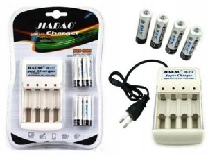 Комплект 4 шт акумулятори 4500mAh + зарядне Jiabao JB-212 AA або AAA
