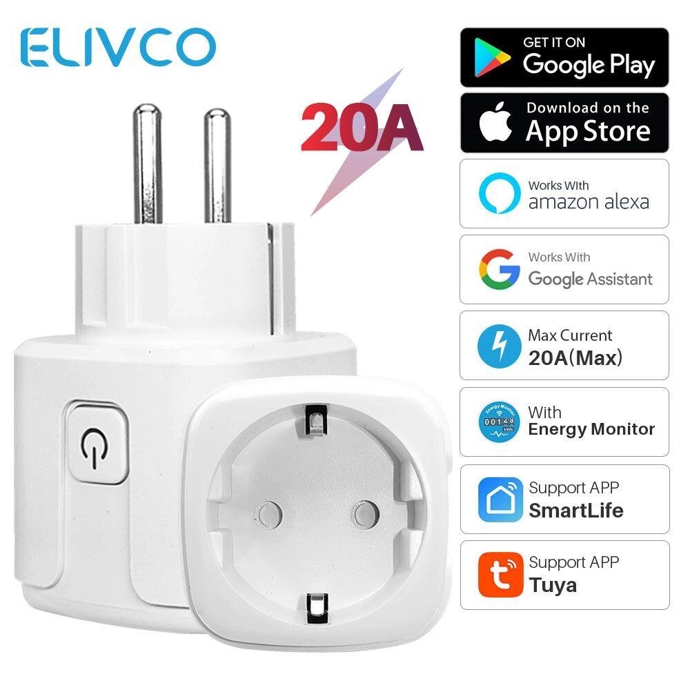 Розумна WIFI розетка Elivco 20А Smart Plug з енергометром, вай фай роз від компанії Artiv - Інтернет-магазин - фото 1