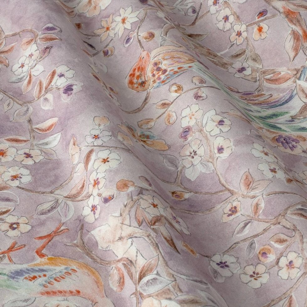 Декоративна тканина бежевий квітковий візерунок з птахами на бузковому тлі 280см 84660v3 ##от компании## Салон штор Arsian Textile - ##фото## 1