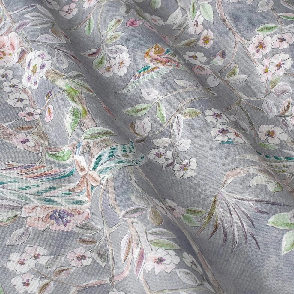 Декоративна тканина бежевий квітковий візерунок з птахами на попелястому тлі Іспанія 84663v4 ##от компании## Салон штор Arsian Textile - ##фото## 1
