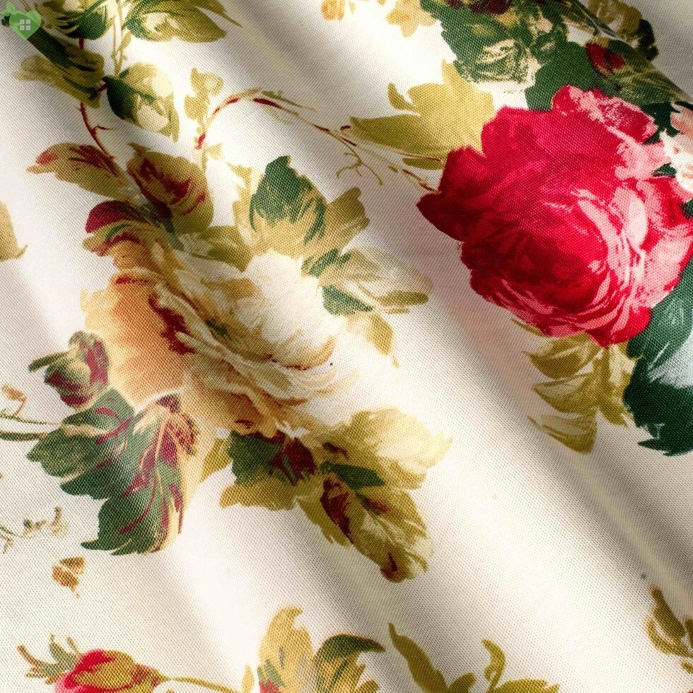 Декоративна тканина для штор букет з червоних троянд і бежевих орхідей на білому з тефлоном від компанії Салон штор Arsian Textile - фото 1