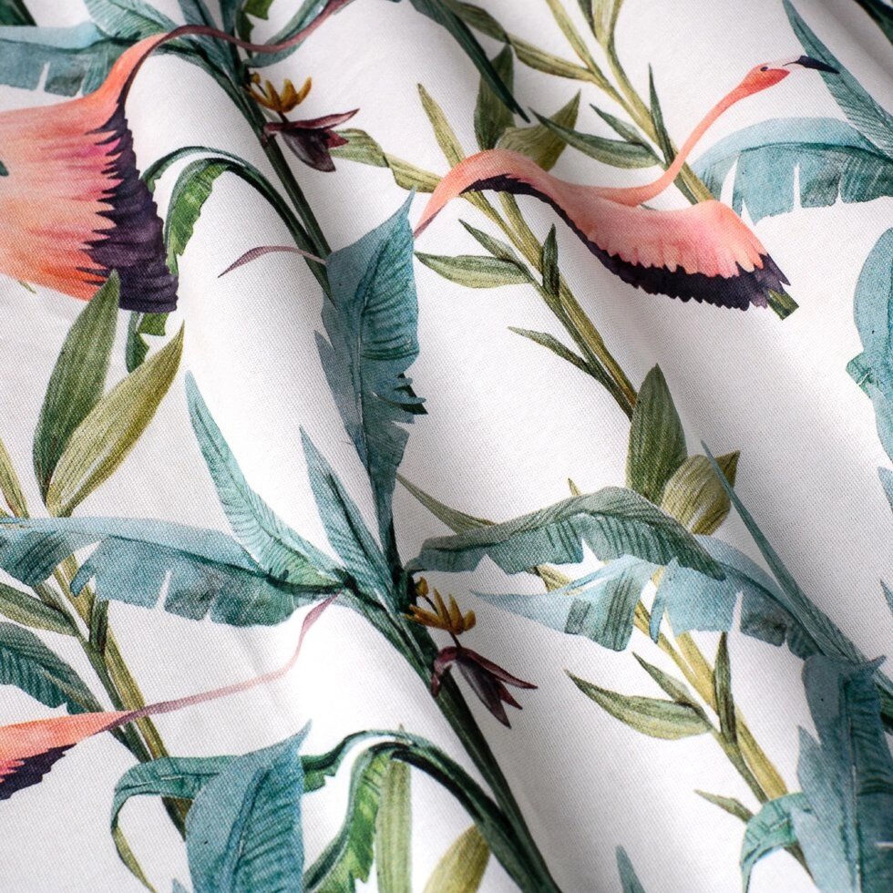 Декоративна тканина для штор з блакитними рослинами і рожевими фламінго на білому для подушок на диван від компанії Салон штор Arsian Textile - фото 1