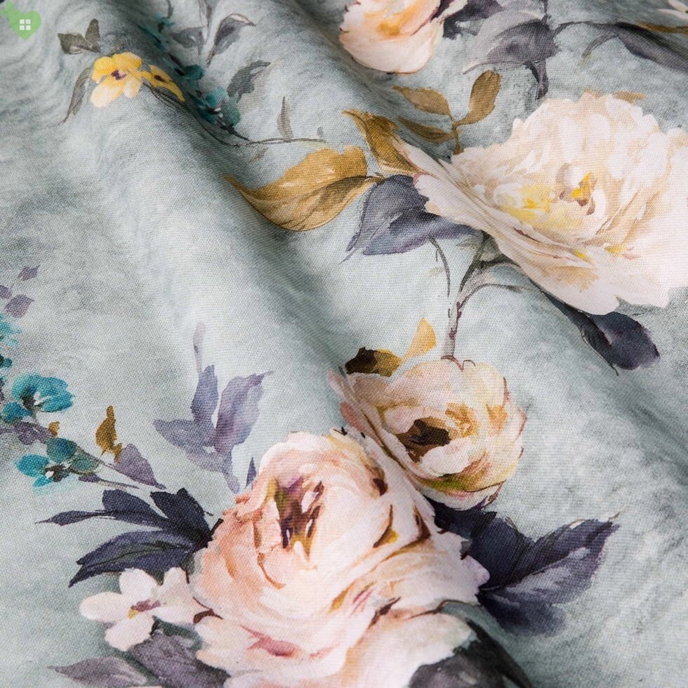 Декоративна тканина для штор з дрібними бутонами рожевих і бежевих кольорів на блакитному тлі Іспанія від компанії Салон штор Arsian Textile - фото 1