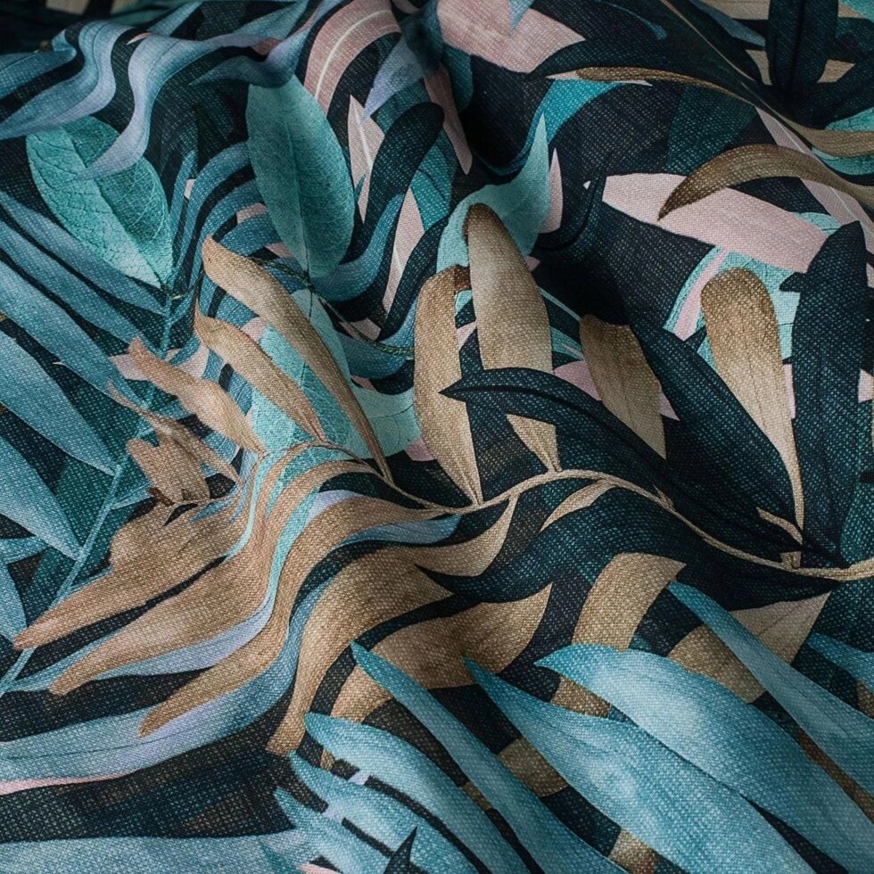 Декоративна тканина коричневі і сині листя на чорному тлі Іспанія 87887v3 ##от компании## Салон штор Arsian Textile - ##фото## 1