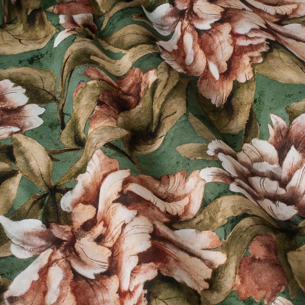Декоративна тканина помаранчеві квіти з листям на зеленому тлі Іспанія 87871v4 ##от компании## Салон штор Arsian Textile - ##фото## 1