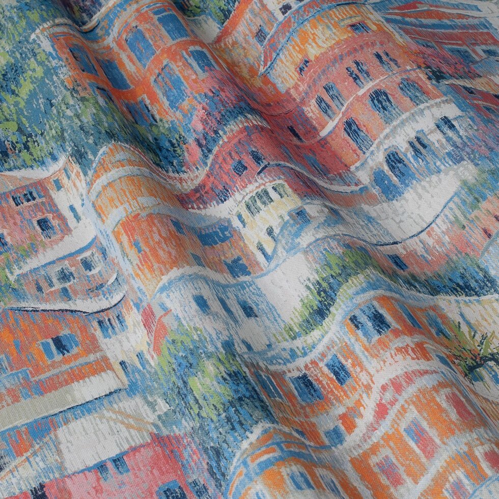 Декоративна тканина з будинками оранжевого і жовтого кольору в розмитому виконанні Іспанія 84645v1 ##от компании## Салон штор Arsian Textile - ##фото## 1