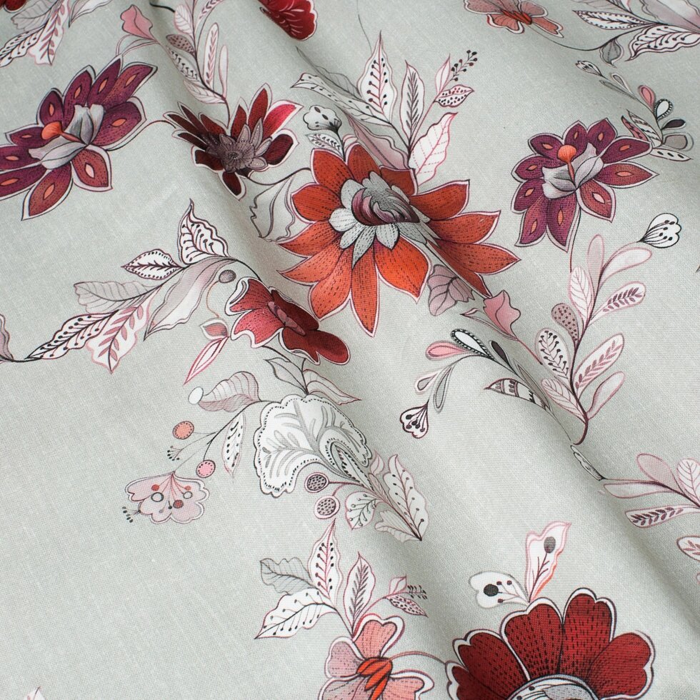 Декоративная ткань цветы бордовые на льне 280см Италия 85739v4 ##от компании## Салон штор Arsian Textile - ##фото## 1