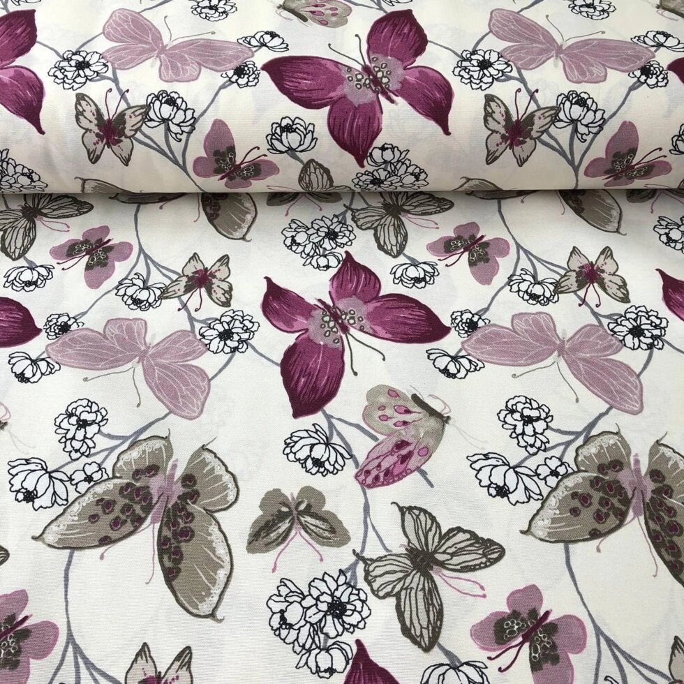 Декоративная ткань крупные фиолетовые бабочки на молочном фоне тефлон 180см 82491v11 ##от компании## Салон штор Arsian Textile - ##фото## 1