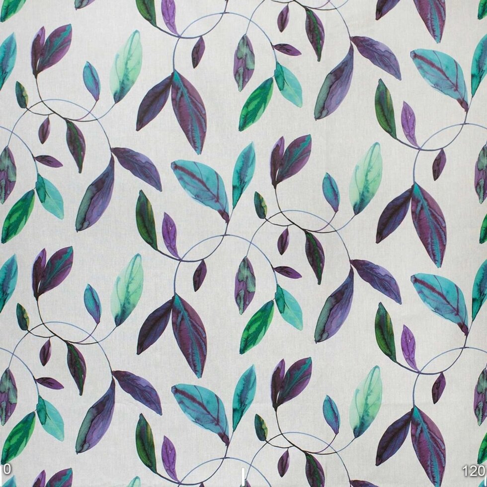 Декоративная ткань листья фиолетовые и бирюзовые на белом фоне Испания хлопок 280см 400433v9 ##от компании## Салон штор Arsian Textile - ##фото## 1