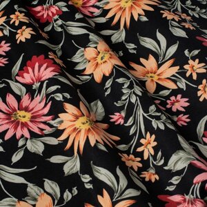 Декоративна тканина помаранчеві і бордові квіти на чорному 180см