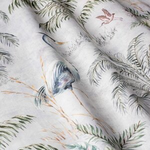 Декоративні тканини з великими зеленими рослинами і блакитними птахами на білому 84290v1