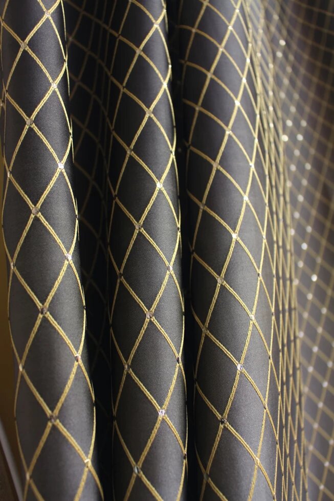 Ткань для штор графитово-желтая в мелкий ромб в спальную, гостиную ##от компании## Салон штор Arsian Textile - ##фото## 1