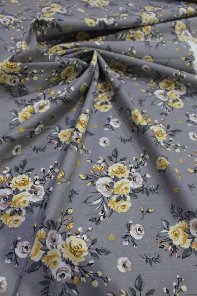Ткань для штор с желтыми розами на сером фоне хлопок с тефлоном ##от компании## Салон штор Arsian Textile - ##фото## 1