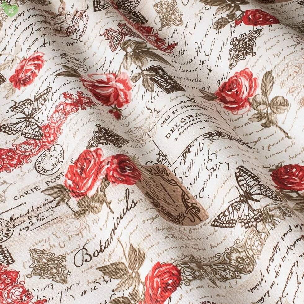 Тканина для штор в стилі Прованс гілочки з бутонами червоних троянд і коричневі написи від компанії Салон штор Arsian Textile - фото 1